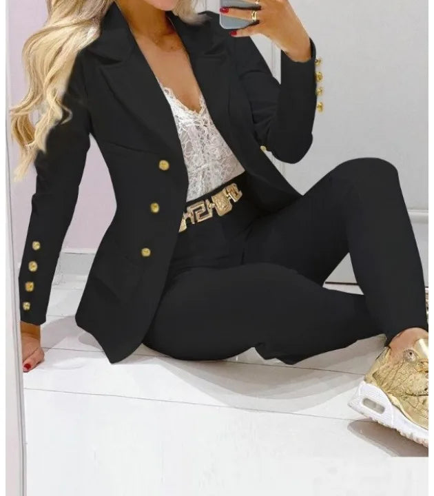 Women's Elegant Two-Piece Pants Set – Long Sleeve Jacket & Tailored Trousers | Casual Chic Outfit