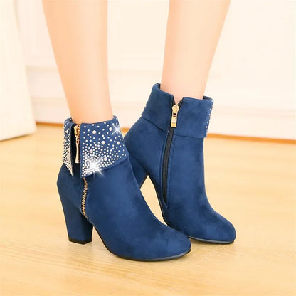 **Noverlla™ Women's Crystal Zip Ankle Boots – Chunky High Heel Fashion Boots for Office, Party & Winter**