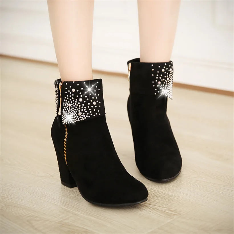 **Noverlla™ Women's Crystal Zip Ankle Boots – Chunky High Heel Fashion Boots for Office, Party & Winter**