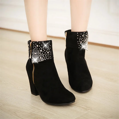 **Noverlla™ Women's Crystal Zip Ankle Boots – Chunky High Heel Fashion Boots for Office, Party & Winter**