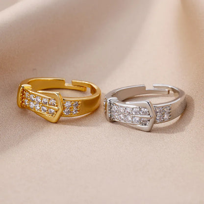 Luxury Stainless Steel Adjustable Belt Ring with Zircon – Women Geometric Jewelry