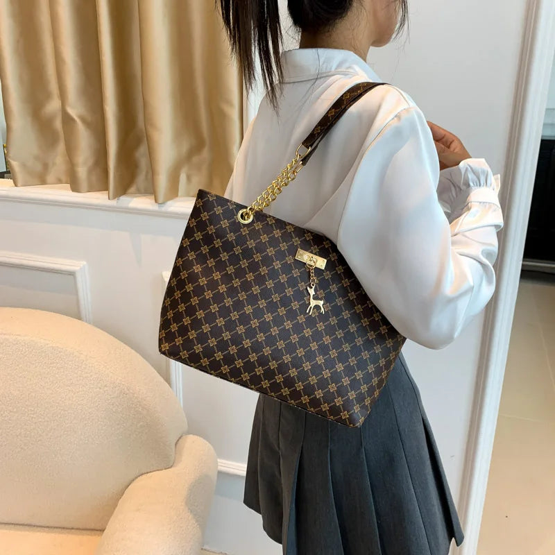 Elegant Soft Leather Tote Bag for Women – Large Shoulder Bag with Charm