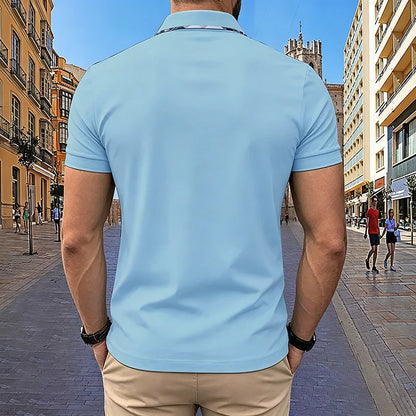 Noverlla™ Men's Slim Fit Polo Shirt – Short Sleeve Business Casual Top with Plaid Collar Detail