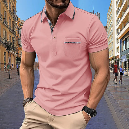 Noverlla™ Men's Slim Fit Polo Shirt – Short Sleeve Business Casual Top with Plaid Collar Detail