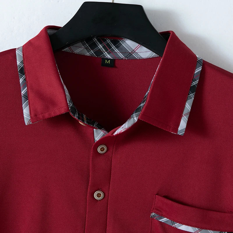 Noverlla™ Men's Slim Fit Polo Shirt – Short Sleeve Business Casual Top with Plaid Collar Detail
