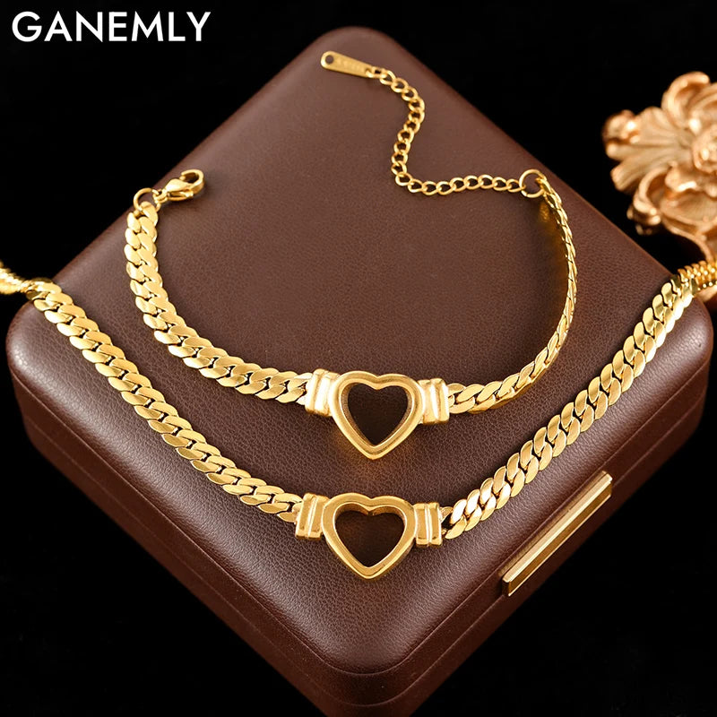 Luxury Heart Necklace & Bracelet Set for Women – Stainless Steel Gold Jewelry Gift