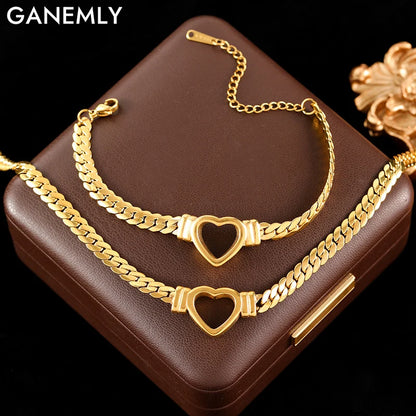 Luxury Heart Necklace & Bracelet Set for Women – Stainless Steel Gold Jewelry Gift