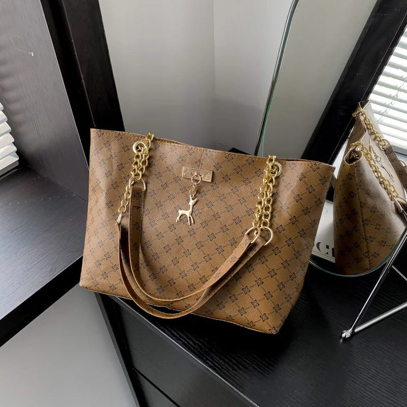 Elegant Soft Leather Tote Bag for Women – Large Shoulder Bag with Charm