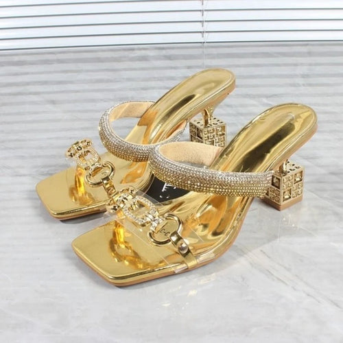 **Noverlla™ Women's Luxury Crystal Buckle High-Heel Sandals – Elegant Square Toe Fashion Slides**