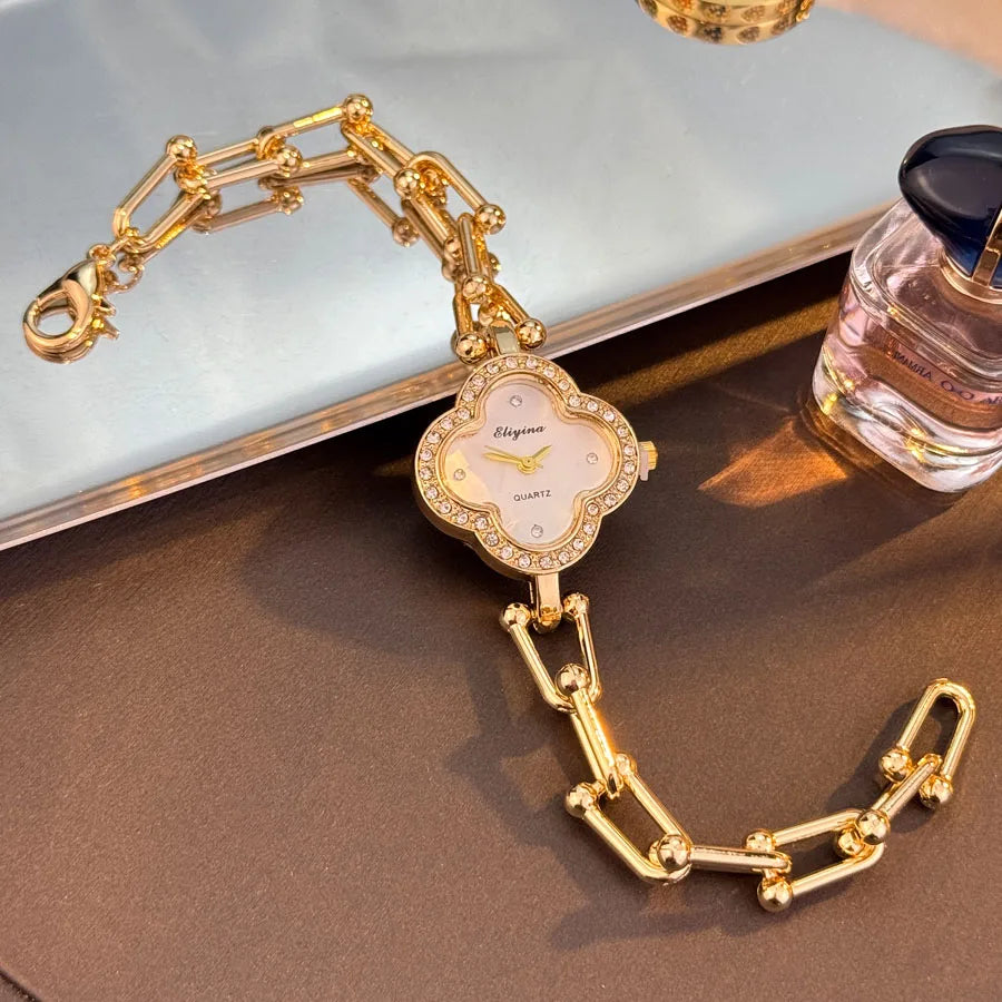 Four-Leaf Clover Gold Chain Watch for Women – Elegant Jewelry Watch