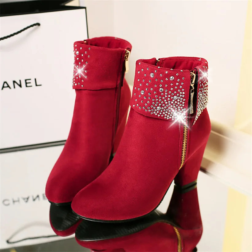 **Noverlla™ Women's Crystal Zip Ankle Boots – Chunky High Heel Fashion Boots for Office, Party & Winter**