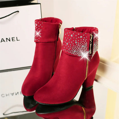 **Noverlla™ Women's Crystal Zip Ankle Boots – Chunky High Heel Fashion Boots for Office, Party & Winter**
