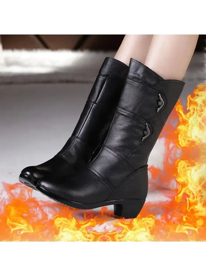 **Noverlla™ Premium Genuine Leather Women's Winter Snow Boots – Warm Wool Lined High-Heel Cold Weather Boots**