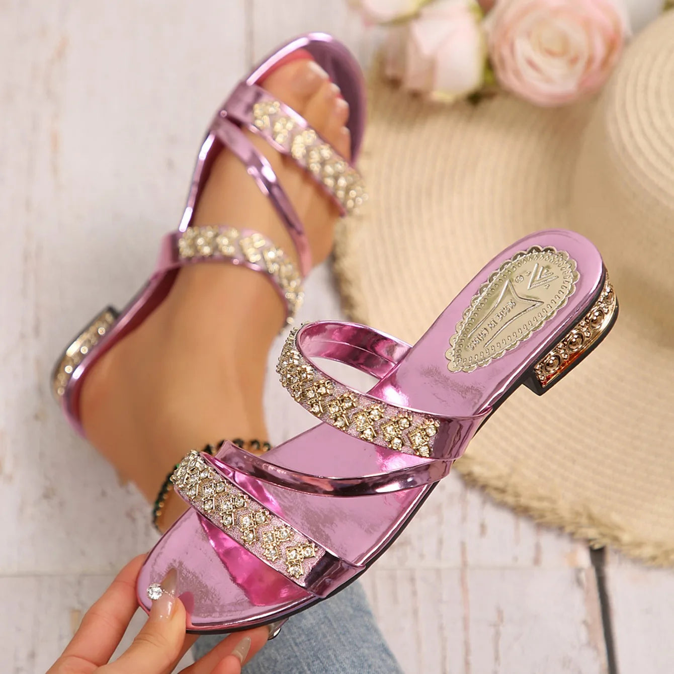 Noverlla™ Women's Rhinestone Slide Sandals – Elegant Open-Toe Block Heel Slippers