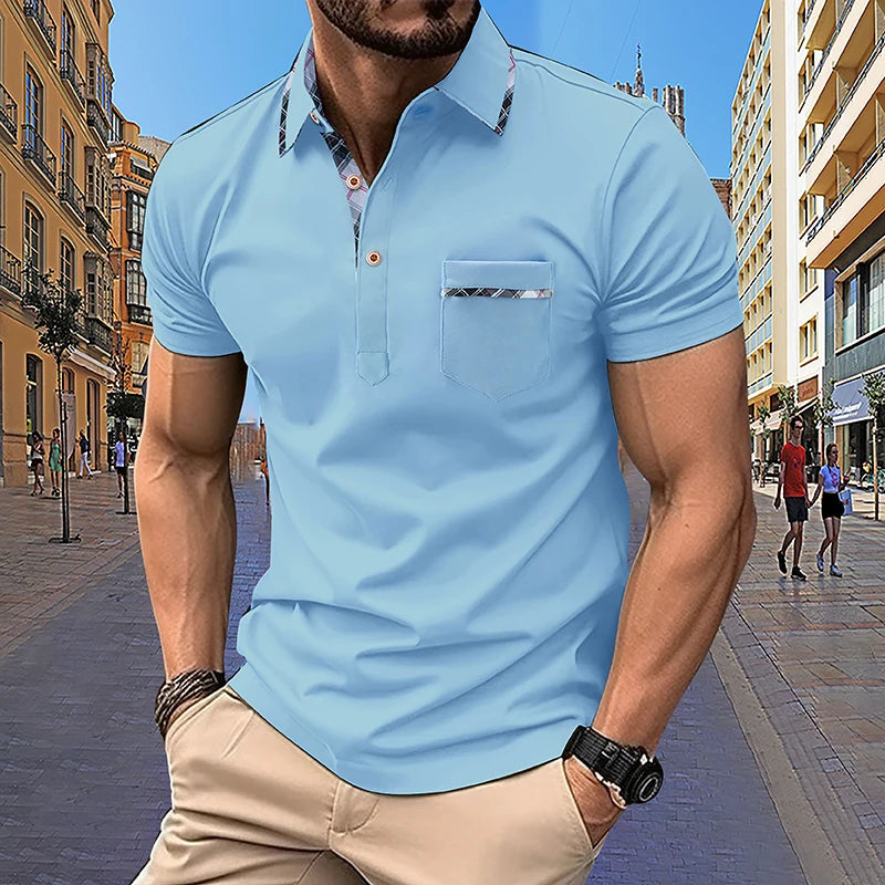 Noverlla™ Men's Slim Fit Polo Shirt – Short Sleeve Business Casual Top with Plaid Collar Detail