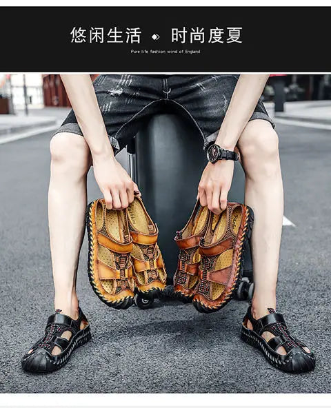 **Noverlla™ Premium Genuine Leather Men's Roman Sandals – Comfortable Summer Casual & Beach Shoes**