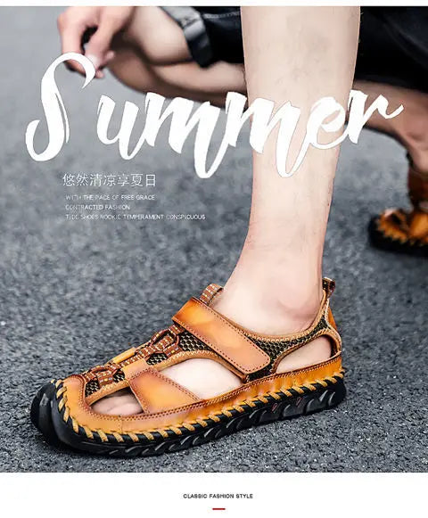 **Noverlla™ Premium Genuine Leather Men's Roman Sandals – Comfortable Summer Casual & Beach Shoes**