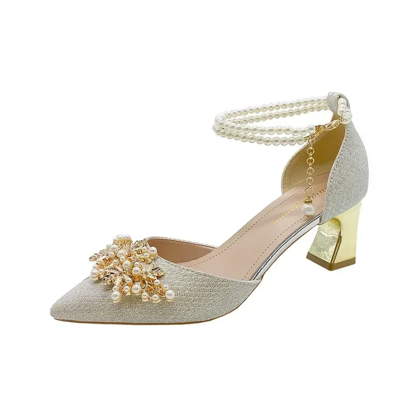 Elegant Women's Pointed Toe High Heel Pumps – Metal Beaded Dress Shoes for Weddings & Parties