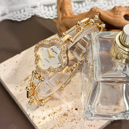 Four-Leaf Clover Gold Chain Watch for Women – Elegant Jewelry Watch