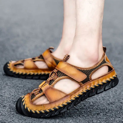 **Noverlla™ Premium Genuine Leather Men's Roman Sandals – Comfortable Summer Casual & Beach Shoes**