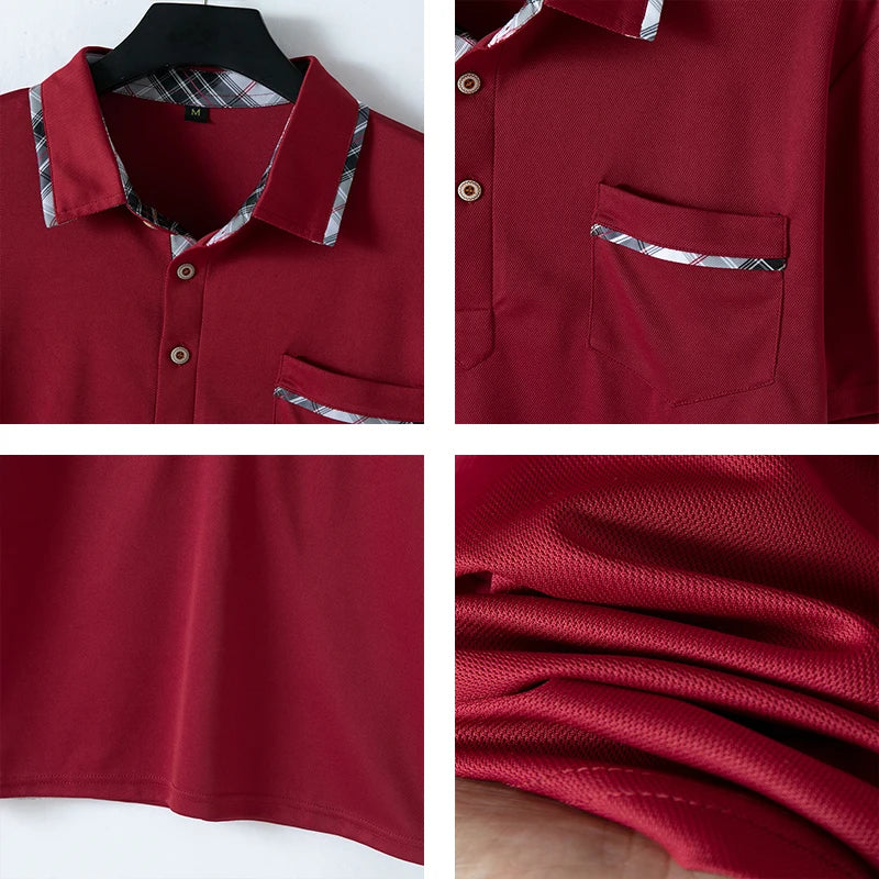 Noverlla™ Men's Slim Fit Polo Shirt – Short Sleeve Business Casual Top with Plaid Collar Detail