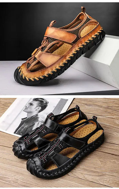 **Noverlla™ Premium Genuine Leather Men's Roman Sandals – Comfortable Summer Casual & Beach Shoes**