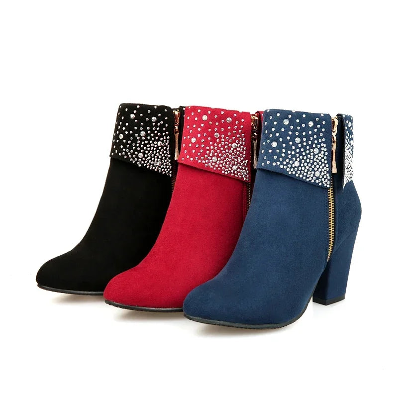 **Noverlla™ Women's Crystal Zip Ankle Boots – Chunky High Heel Fashion Boots for Office, Party & Winter**