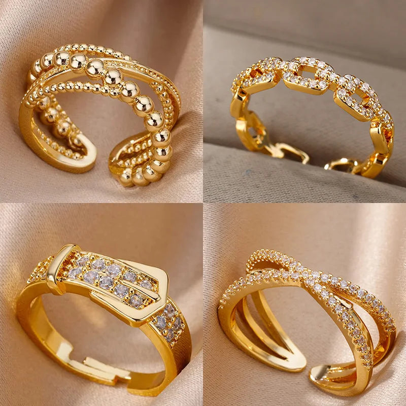 Luxury Stainless Steel Adjustable Belt Ring with Zircon – Women Geometric Jewelry