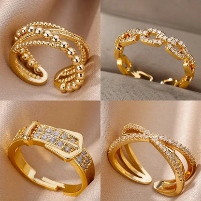 Luxury Stainless Steel Adjustable Belt Ring with Zircon – Women Geometric Jewelry