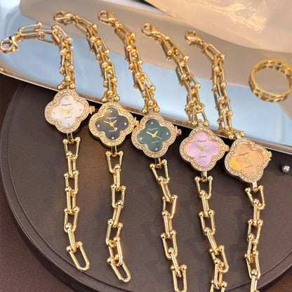 Four-Leaf Clover Gold Chain Watch for Women – Elegant Jewelry Watch
