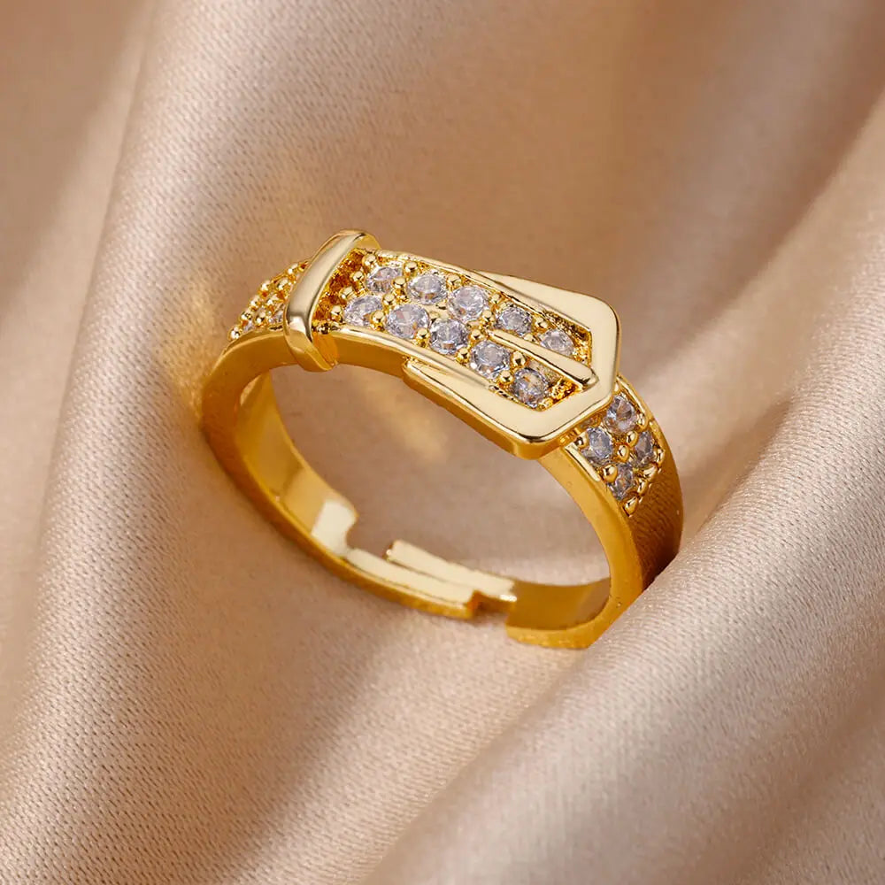 Luxury Stainless Steel Adjustable Belt Ring with Zircon – Women Geometric Jewelry