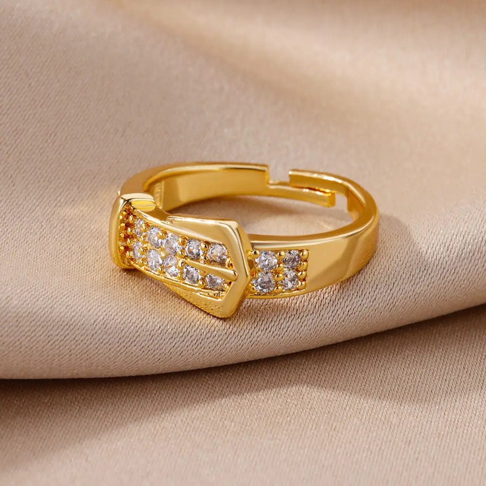 Luxury Stainless Steel Adjustable Belt Ring with Zircon – Women Geometric Jewelry