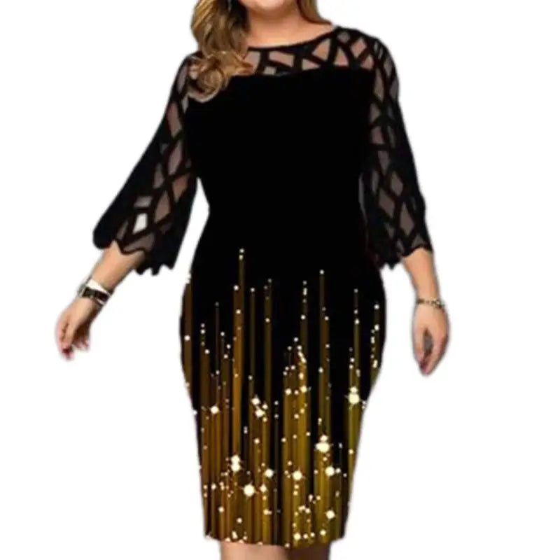 Women's Plus Size Lace Patchwork Midi Dress – Elegant 3/4 Sleeve Bodycon Party Dress | Autumn & Winter