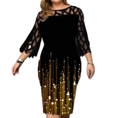 Women's Plus Size Lace Patchwork Midi Dress – Elegant 3/4 Sleeve Bodycon Party Dress | Autumn & Winter