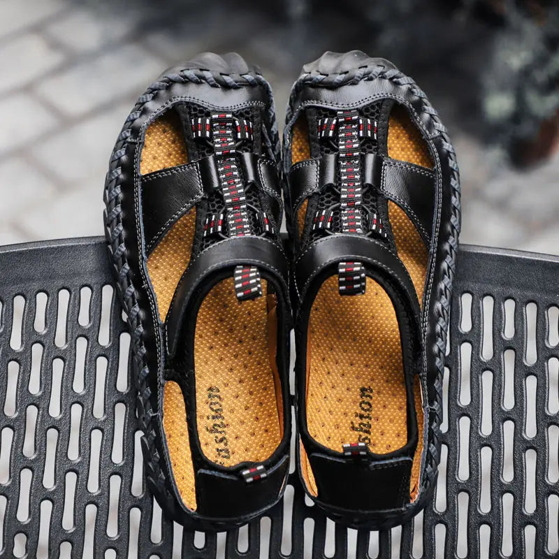 **Noverlla™ Premium Genuine Leather Men's Roman Sandals – Comfortable Summer Casual & Beach Shoes**