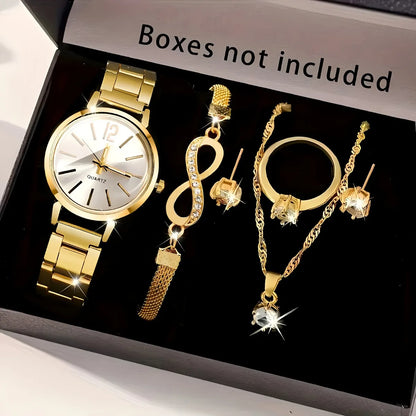 6-Piece Elegant Women's Quartz Watch & Rhinestone Jewelry Set – Fashion Wristwatch Gift Set (No Box)
