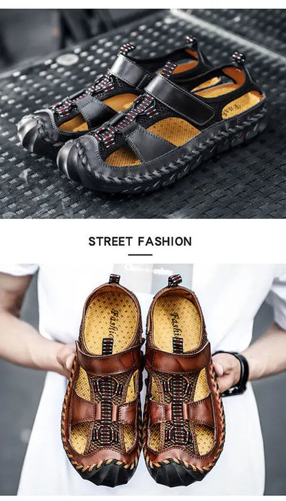 **Noverlla™ Premium Genuine Leather Men's Roman Sandals – Comfortable Summer Casual & Beach Shoes**