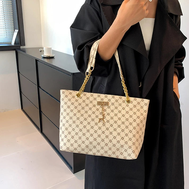 Elegant Soft Leather Tote Bag for Women – Large Shoulder Bag with Charm