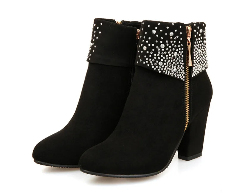 **Noverlla™ Women's Crystal Zip Ankle Boots – Chunky High Heel Fashion Boots for Office, Party & Winter**