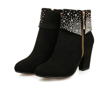 **Noverlla™ Women's Crystal Zip Ankle Boots – Chunky High Heel Fashion Boots for Office, Party & Winter**