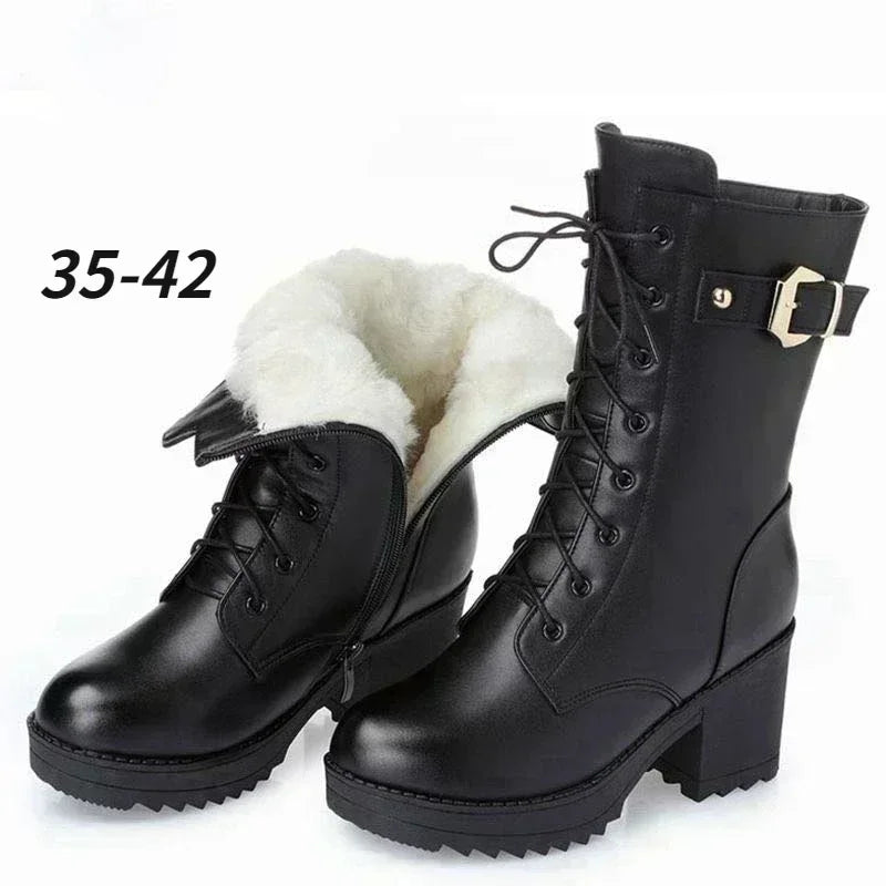 **Noverlla™ Premium Genuine Leather Women's Winter Snow Boots – Warm Wool Lined High-Heel Cold Weather Boots**
