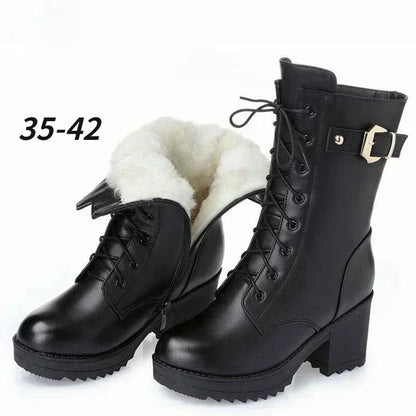 **Noverlla™ Premium Genuine Leather Women's Winter Snow Boots – Warm Wool Lined High-Heel Cold Weather Boots**