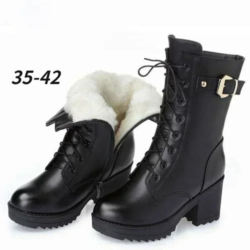 **Noverlla™ Premium Genuine Leather Women's Winter Snow Boots – Warm Wool Lined High-Heel Cold Weather Boots**