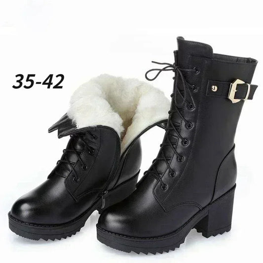 **Noverlla™ Premium Genuine Leather Women's Winter Snow Boots – Warm Wool Lined High-Heel Cold Weather Boots**