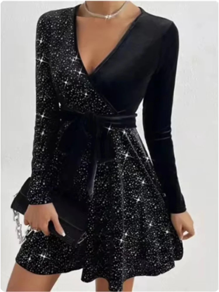 Women's Elegant Sequin V-Neck Maxi Dress – Long Sleeve Evening Party Gown