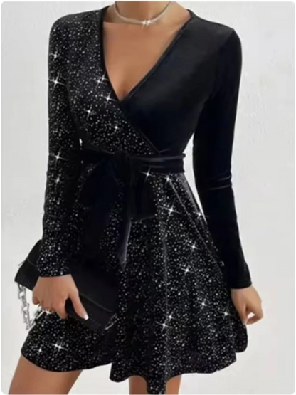 Women's Elegant Sequin V-Neck Maxi Dress – Long Sleeve Evening Party Gown