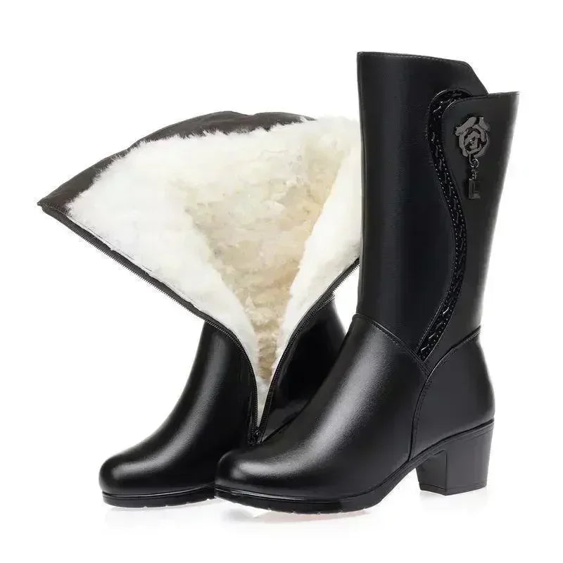 **Noverlla™ Premium Genuine Leather Women's Winter Snow Boots – Warm Wool Lined High-Heel Cold Weather Boots**