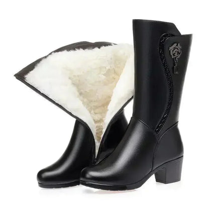 **Noverlla™ Premium Genuine Leather Women's Winter Snow Boots – Warm Wool Lined High-Heel Cold Weather Boots**