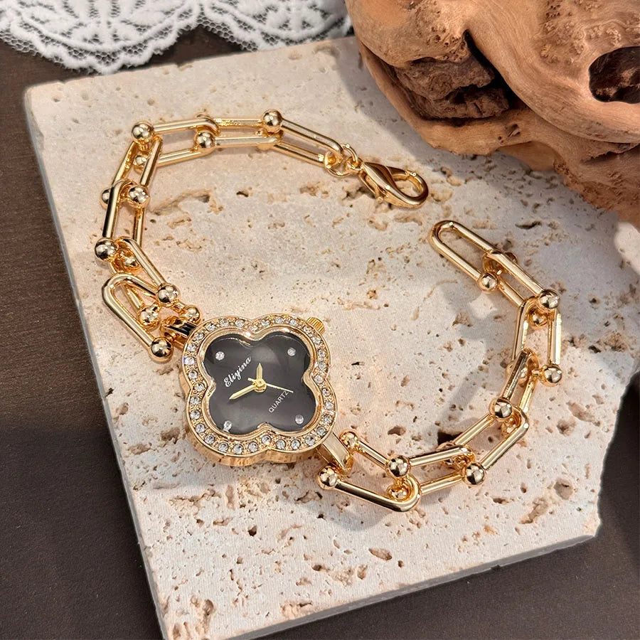 Four-Leaf Clover Gold Chain Watch for Women – Elegant Jewelry Watch