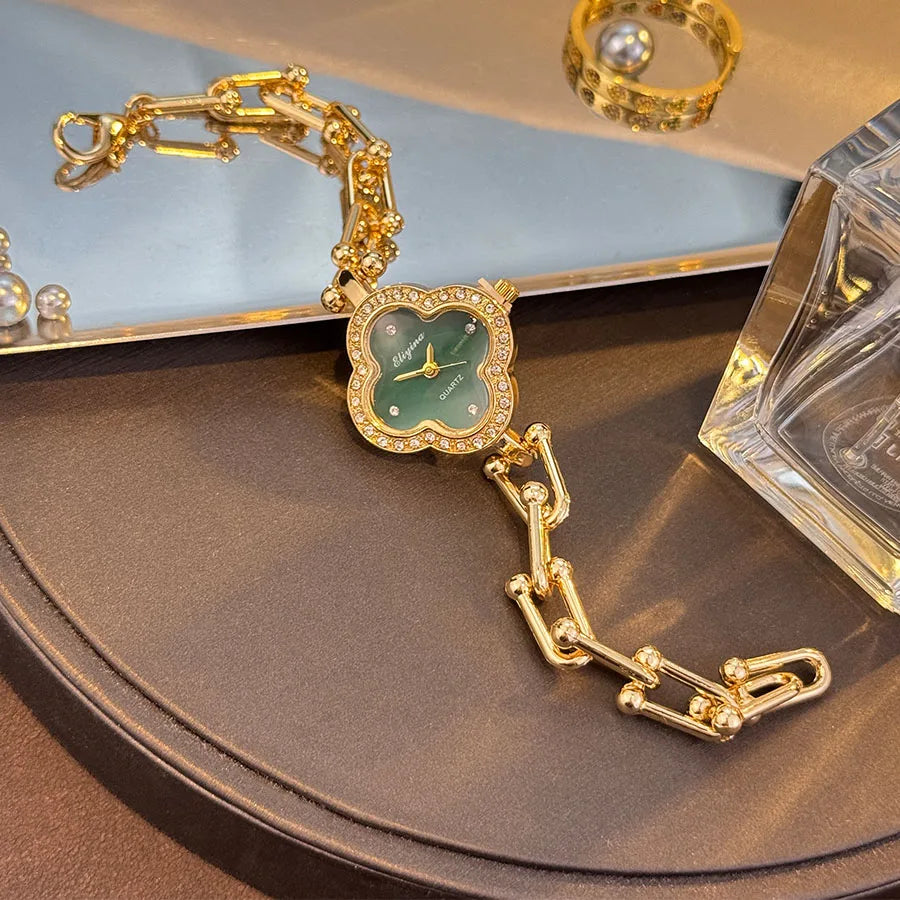 Four-Leaf Clover Gold Chain Watch for Women – Elegant Jewelry Watch